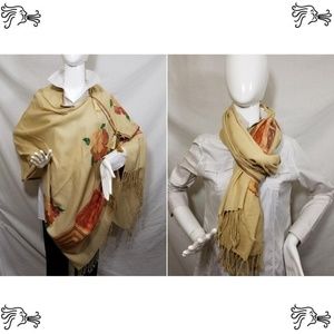 Beige Embroidered Kashmir 100% Wool Scarf Poncho